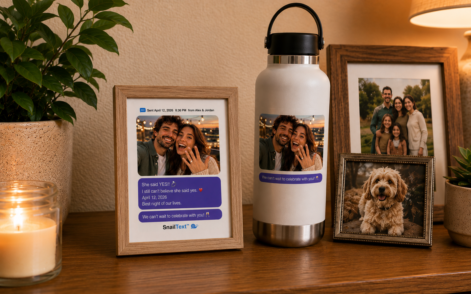 A framed SnailText card displayed beside a bottle with its sticker